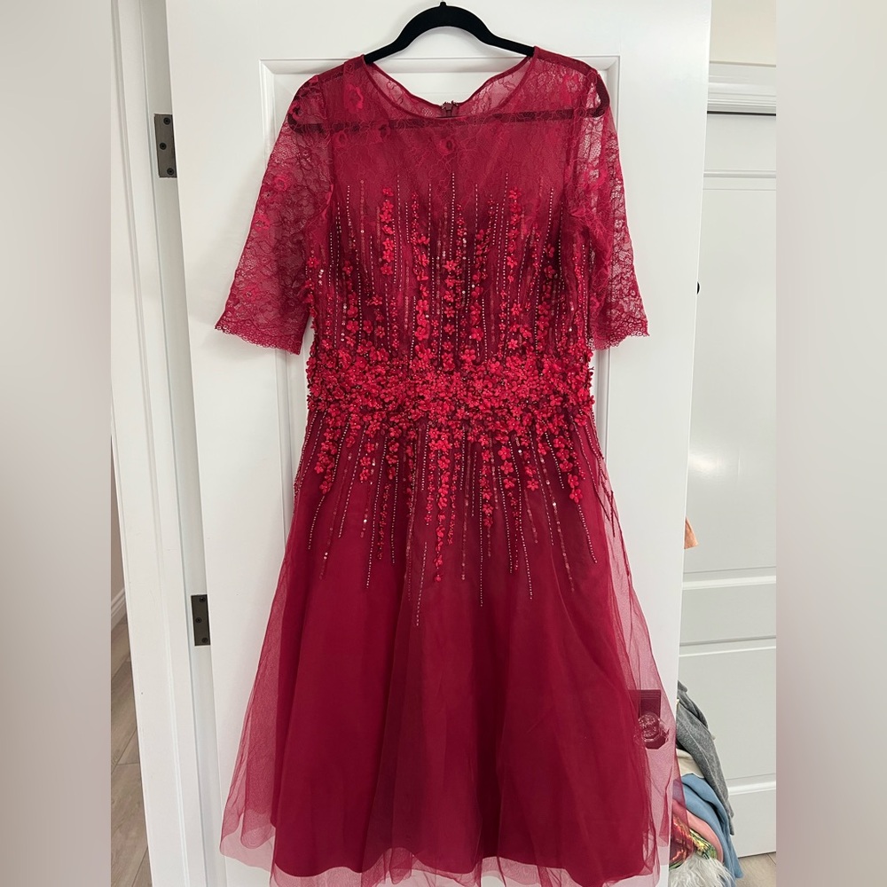 Teri John Burgundy Evening Gown with Floral Appliqués
